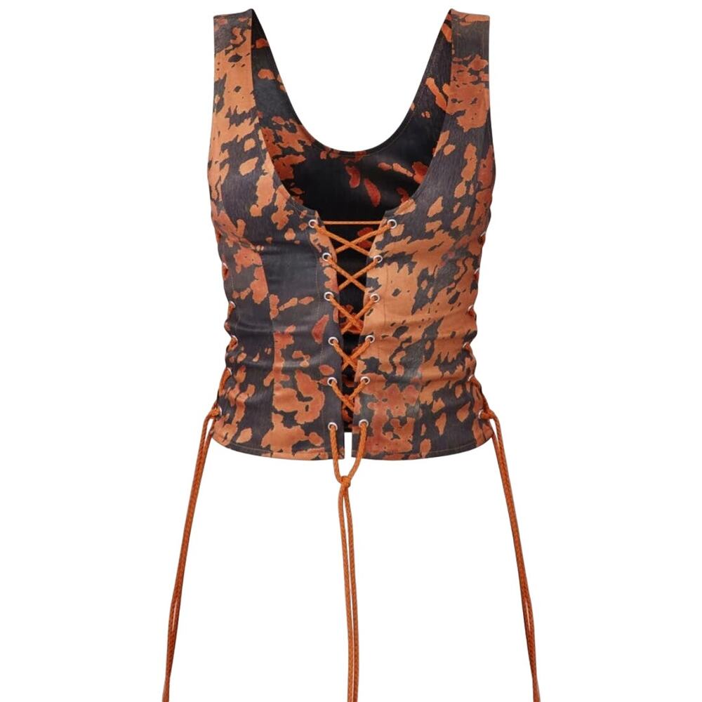 PrettyLittleThing Brown Black Cow Print Woven Scoop Neck Lace Up Cropped Top 12
